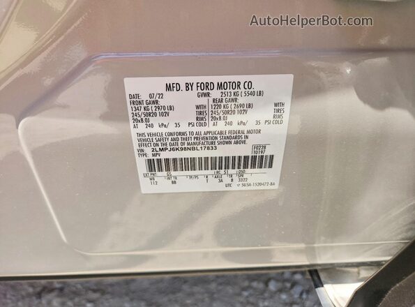 2LMPJ6K98NBL17833 2022 LINCOLN NAUTILUS Beige 