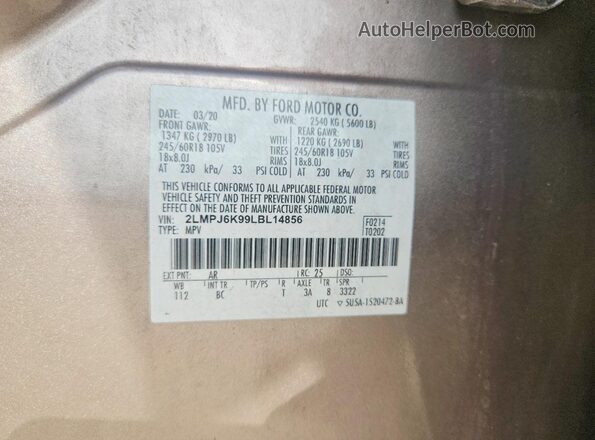 2LMPJ6K99LBL14856 2020 LINCOLN NAUTILUS Tan VIN կոդի պիտակի տեսք