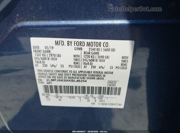 2LMPJ6K9XKBL48254 2019 LINCOLN NAUTILUS Blue Շարժիչի բաժամունքի տեսք