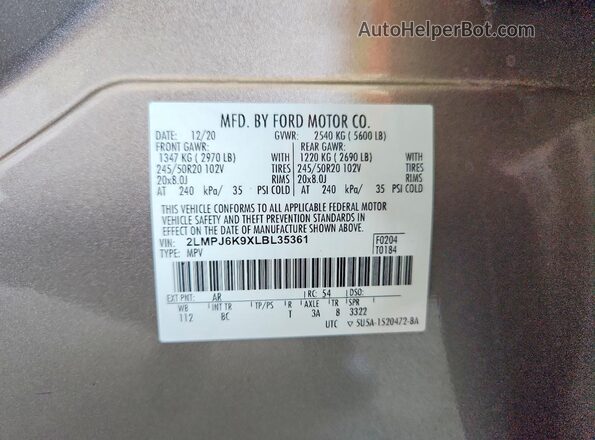 2LMPJ6K9XLBL35361 2020 LINCOLN NAUTILUS Tan VIN կոդի պիտակի տեսք