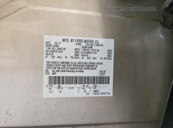 2LMPJ6KP6HBL41468 2017 LINCOLN MKX Желто-коричневый Панорамный вид салона 360°