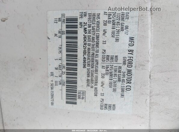 2LMPJ6KR2HBL49696 2017 LINCOLN MKX White Շարժիչի բաժամունքի տեսք