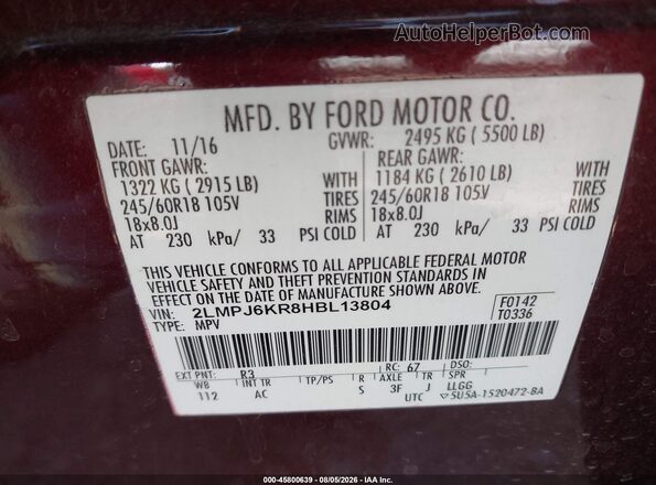 2LMPJ6KR8HBL13804 2017 LINCOLN MKX Темно-бордовый Вид подкапотного пространства