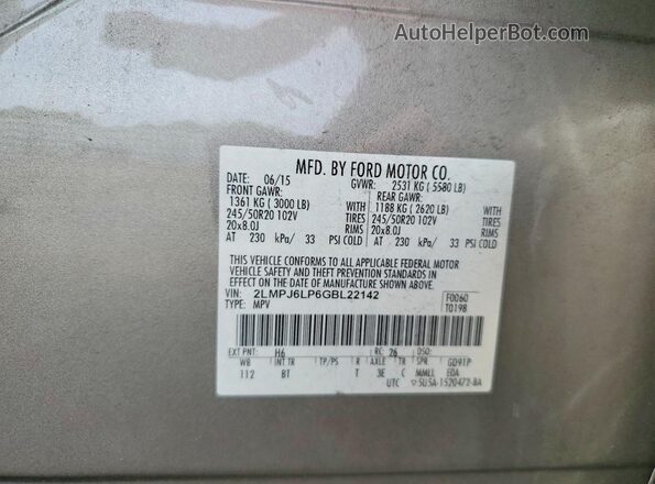 2LMPJ6LP6GBL22142 2016 LINCOLN MKX Gray VIN կոդի պիտակի տեսք