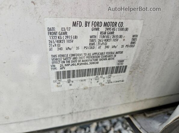 2LMPJ6LR2HBL30838 2017 LINCOLN MKX Белый Вид наклейки с VIN-кодом