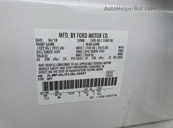 2LMPJ6LR3JBL38887 2018 LINCOLN MKX White Widok wnętrza 360 stopni