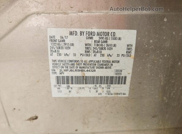 2LMPJ6LR5HBL44328 2017 LINCOLN MKX Cream Widok naklejki z numerem VIN