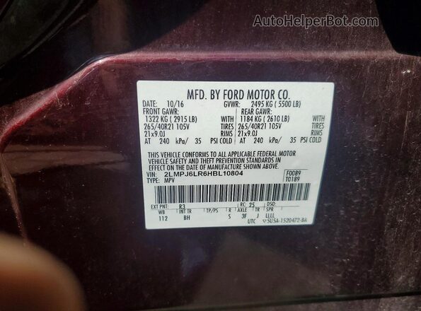 2LMPJ6LR6HBL10804 2017 LINCOLN MKX Бордовый Вид наклейки с VIN-кодом