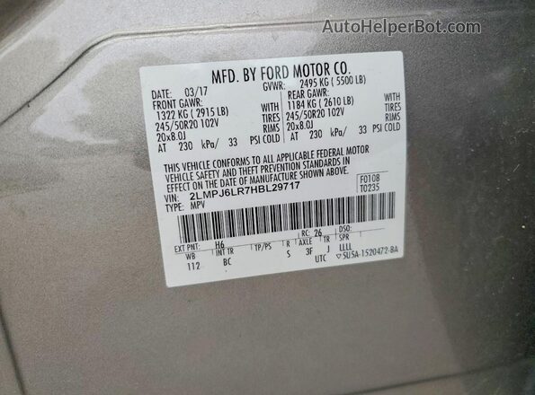 2LMPJ6LR7HBL29717 2017 LINCOLN MKX Silver Vista de la etiqueta del VIN