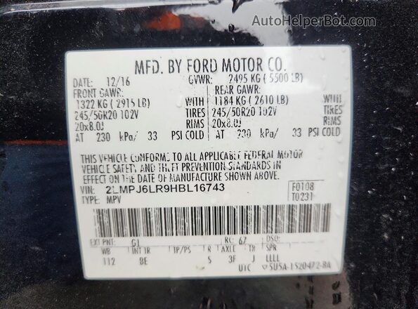 2LMPJ6LR9HBL16743 2017 LINCOLN MKX Black VIN sticker view