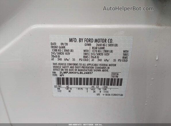 2LMPJ8K91LBL24857 2020 LINCOLN NAUTILUS White Engine compartment view