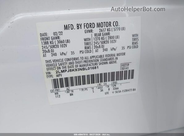 2LMPJ8K93NBL01681 2022 LINCOLN NAUTILUS White Շարժիչի բաժամունքի տեսք