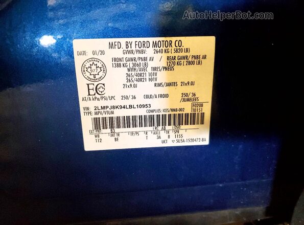 2LMPJ8K94LBL10953 2020 LINCOLN NAUTILUS Blue VIN sticker view