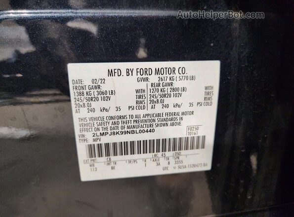 2LMPJ8K99NBL00440 2022 LINCOLN NAUTILUS Black VIN կոդի պիտակի տեսք