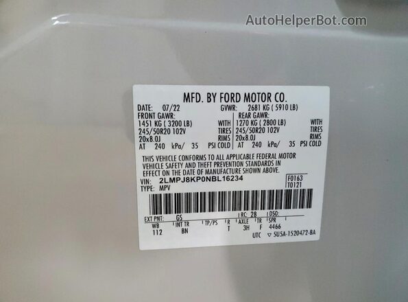 2LMPJ8KP0NBL16234 2022 LINCOLN NAUTILUS White VIN sticker view