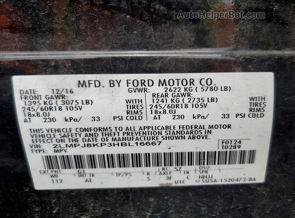 2LMPJ8KP3HBL16667 2017 LINCOLN MKX Черный Вид наклейки с VIN-кодом