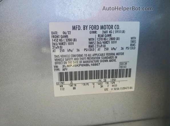 2LMPJ8KP6NBL16867 2022 LINCOLN NAUTILUS Silver VIN կոդի պիտակի տեսք
