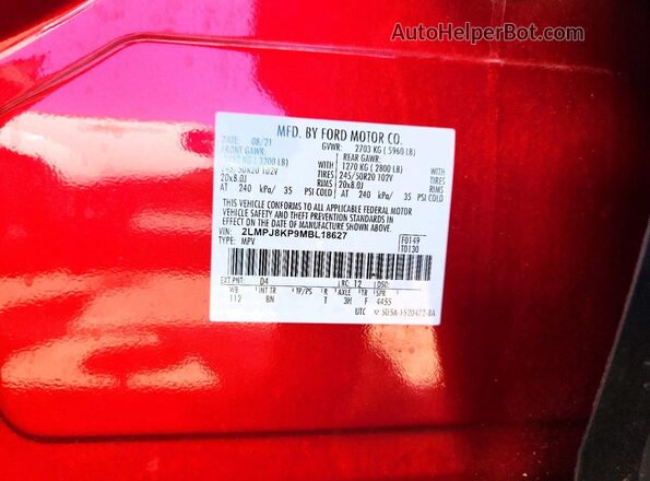 2LMPJ8KP9MBL18627 2021 LINCOLN NAUTILUS Красный Вид наклейки с VIN-кодом