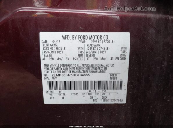 2LMPJ8KR5HBL34685 2017 LINCOLN MKX Maroon Շարժիչի բաժամունքի տեսք