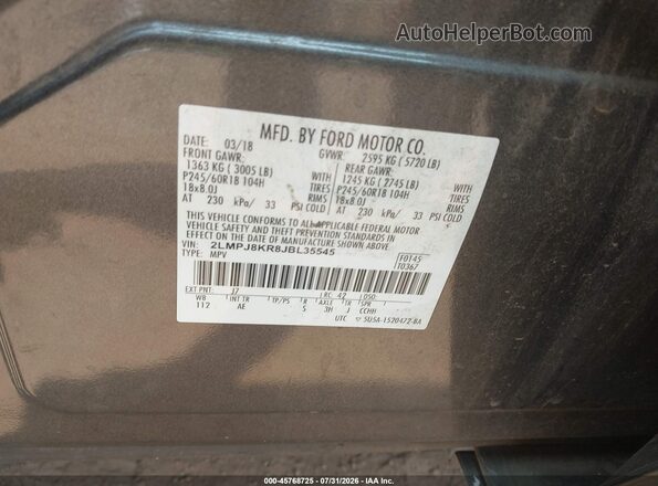 2LMPJ8KR8JBL35545 2018 LINCOLN MKX Gray Engine compartment view