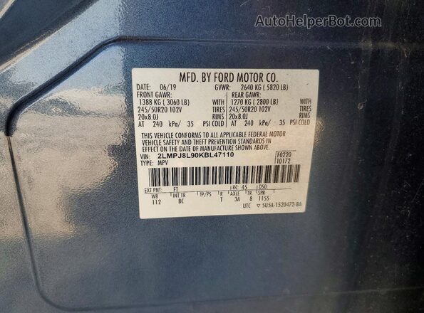 2LMPJ8L90KBL47110 2019 LINCOLN NAUTILUS Blue VIN sticker view