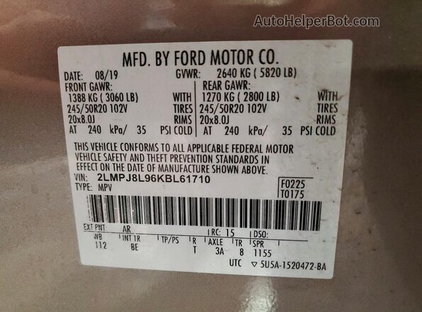 2LMPJ8L96KBL61710 2019 LINCOLN NAUTILUS Tan VIN sticker view