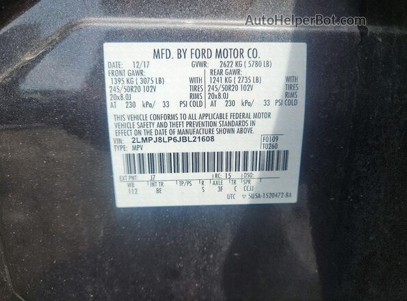 2LMPJ8LP6JBL21608 2018 LINCOLN MKX Gray VIN կոդի պիտակի տեսք
