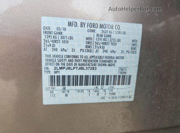 2LMPJ8LP7JBL37283 2018 LINCOLN MKX Tan VIN sticker view
