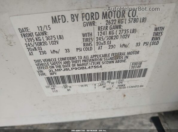 2LMPJ8LP9GBL47564 2016 LINCOLN MKX White Շարժիչի բաժամունքի տեսք
