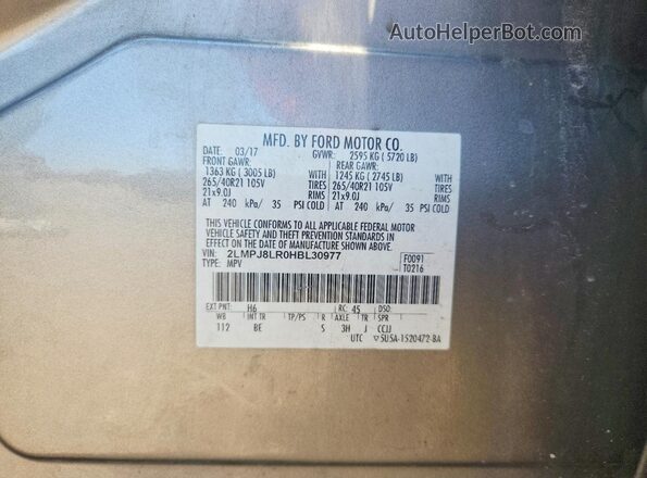 2LMPJ8LR0HBL30977 2017 LINCOLN MKX Gray VIN sticker view