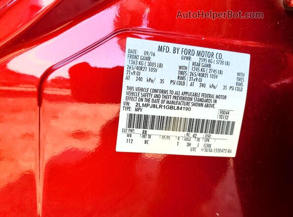 2LMPJ8LR1GBL84190 2016 LINCOLN MKX Red Вид наклейки з VIN-кодом