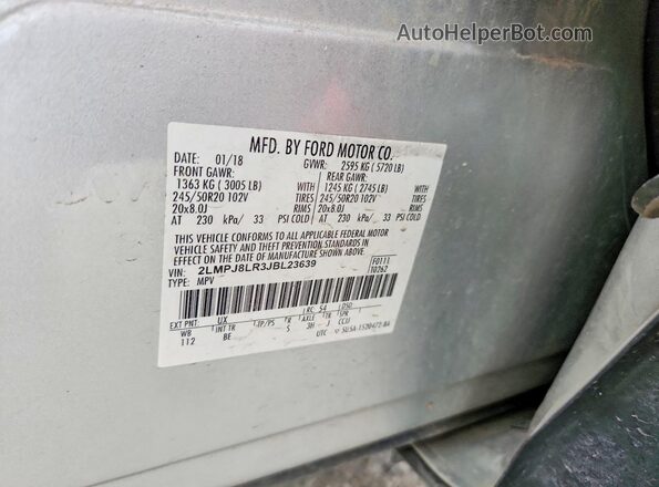 2LMPJ8LR3JBL23639 2018 LINCOLN MKX Silver VIN კოდის სტიკერის ხედი