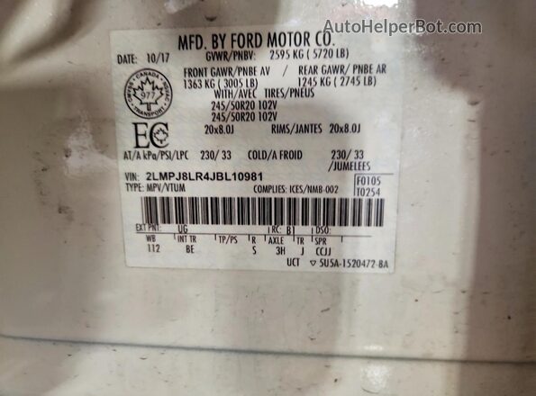 2LMPJ8LR4JBL10981 2018 LINCOLN MKX White სალონის 360-გრადუსიანი ხედი