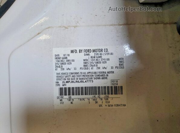 2LMPJ8LR6JBL47773 2018 LINCOLN MKX White VIN კოდის სტიკერის ხედი