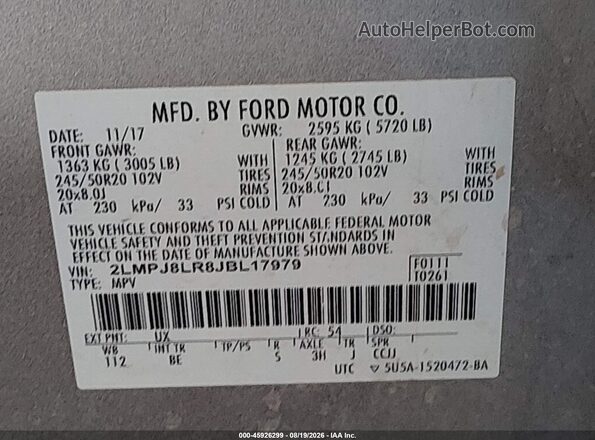 2LMPJ8LR8JBL17979 2018 LINCOLN MKX Silver ძრავის განყოფილების ხედი