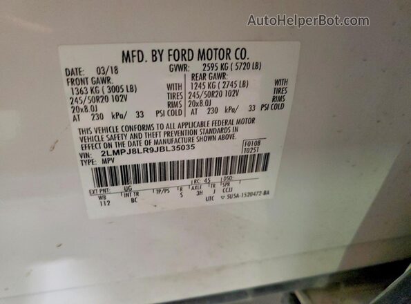 2LMPJ8LR9JBL35035 2018 LINCOLN MKX White VIN sticker view