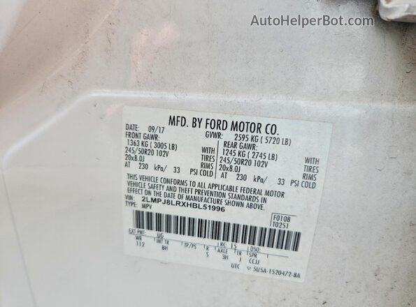2LMPJ8LRXHBL51996 2017 LINCOLN MKX White Widok naklejki z numerem VIN
