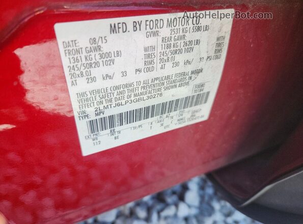 2LMTJ6LP3GBL30276 2016 LINCOLN MKX Red VIN კოდის სტიკერის ხედი