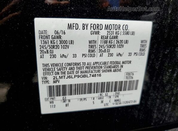 2LMTJ6LP9GBL74816 2016 LINCOLN MKX Black Вид наклейки з VIN-кодом