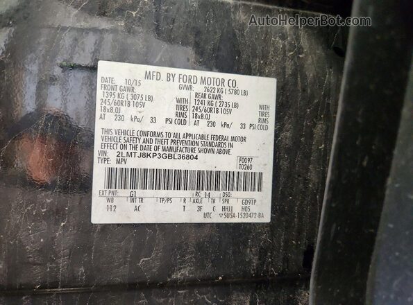 2LMTJ8KP3GBL36804 2016 LINCOLN MKX Черный Вид наклейки с VIN-кодом