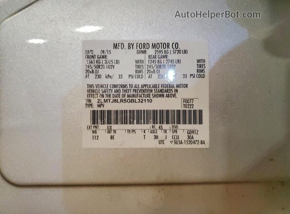 2LMTJ8LR5GBL32110 2016 LINCOLN MKX Silver Вид підкапотного простору
