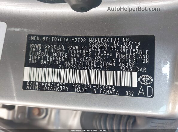 2T1BPRHE3GC633715 2016 TOYOTA COROLLA Silver Widok komory silnika