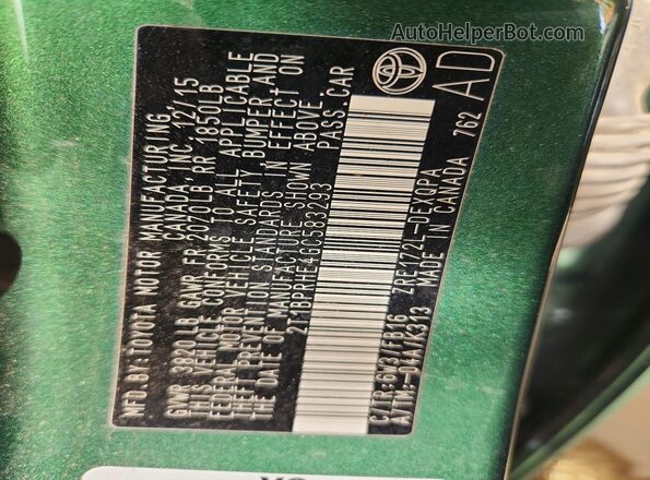2T1BPRHE4GC583293 2016 TOYOTA COROLLA Green VIN sticker view
