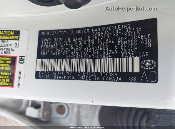 2T1BURHE0GC502864 2016 TOYOTA COROLLA White Widok komory silnika