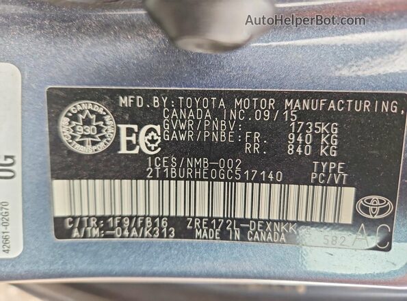 2T1BURHE0GC517140 2016 TOYOTA COROLLA Blue Вид наклейки з VIN-кодом