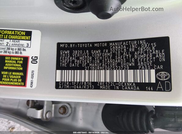 2T1BURHE0GC523729 2016 TOYOTA COROLLA Silver Widok komory silnika