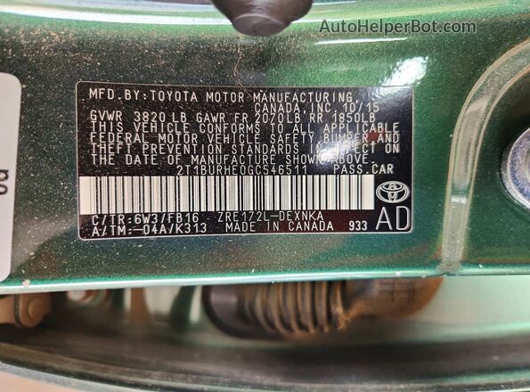 2T1BURHE0GC546511 2016 TOYOTA COROLLA Green ძრავის განყოფილების ხედი
