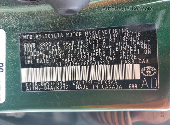 2T1BURHE0GC691323 2016 TOYOTA COROLLA Green ძრავის განყოფილების ხედი