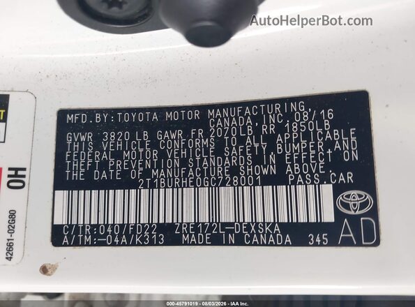 2T1BURHE0GC728001 2016 TOYOTA COROLLA White Widok komory silnika