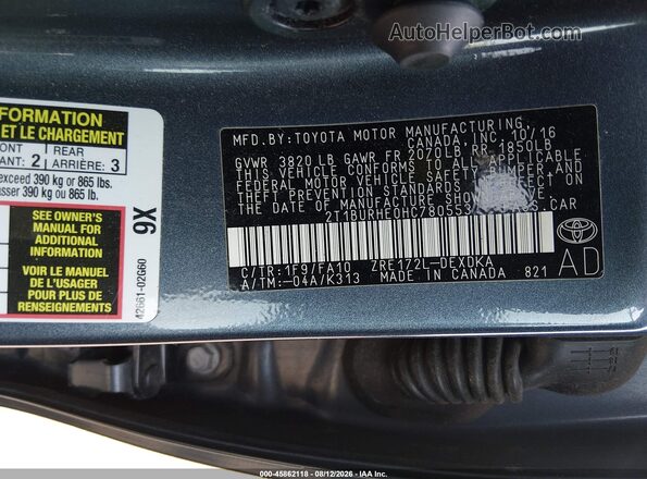 2T1BURHE0HC780553 2017 TOYOTA COROLLA Light Blue Widok komory silnika